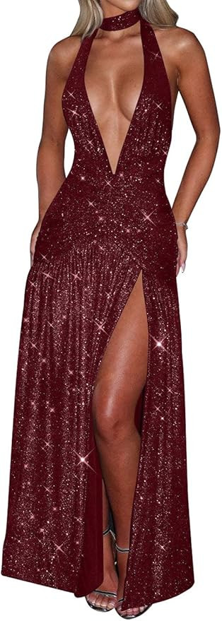 Memoriesea Women's Sexy Deep Halter V Neck High Split Ruched Formal Party Maxi Dress | Amazon (US)