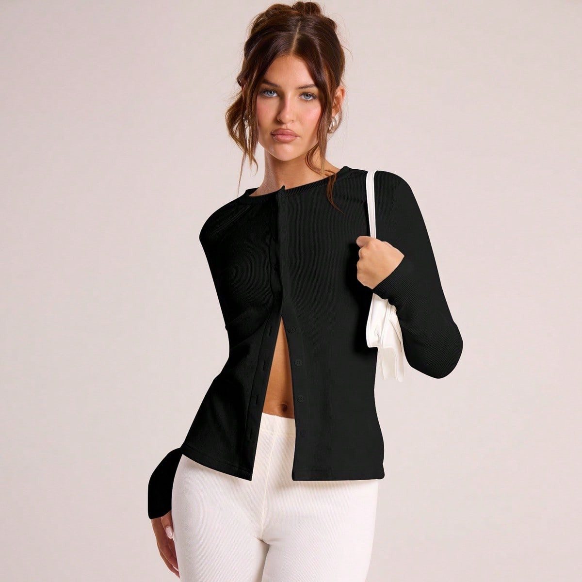 MUSERA Ribbed Button Through Long Sleeve Crew Neck Top Casual Vacation Airport Holiday Fall Back To School Autumn Winter Christmas | SHEIN