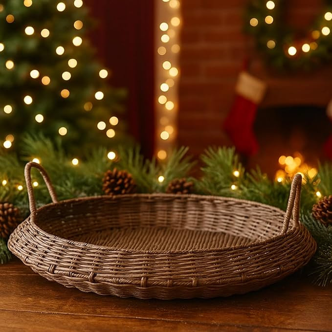 22 Inch Oversized Round Woven Basket Christmas Woven Serving Tray Round Rattan Effect Decorative ... | Amazon (US)