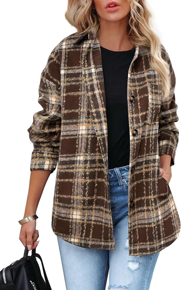 Beaully Women's 2025 Fall Clothes Plaid Shacket Jacket Long Sleeve Button Down Flannel Shirts Fas... | Amazon (US)