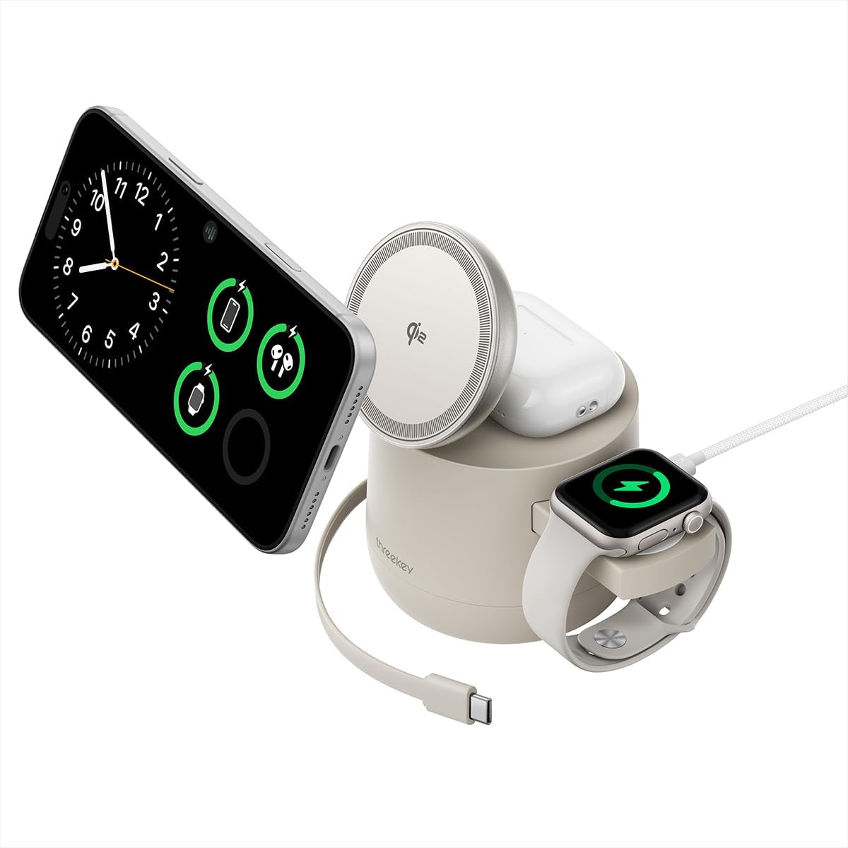 THREEKEY 4 in 1 Qi2 Magnetic Wireless Charging Station, 15W Fast Charger with Made for Apple Watch Charging Module, for iPhone 18–12 Series & AirPods, 65W Adapter Included | Amazon (US)