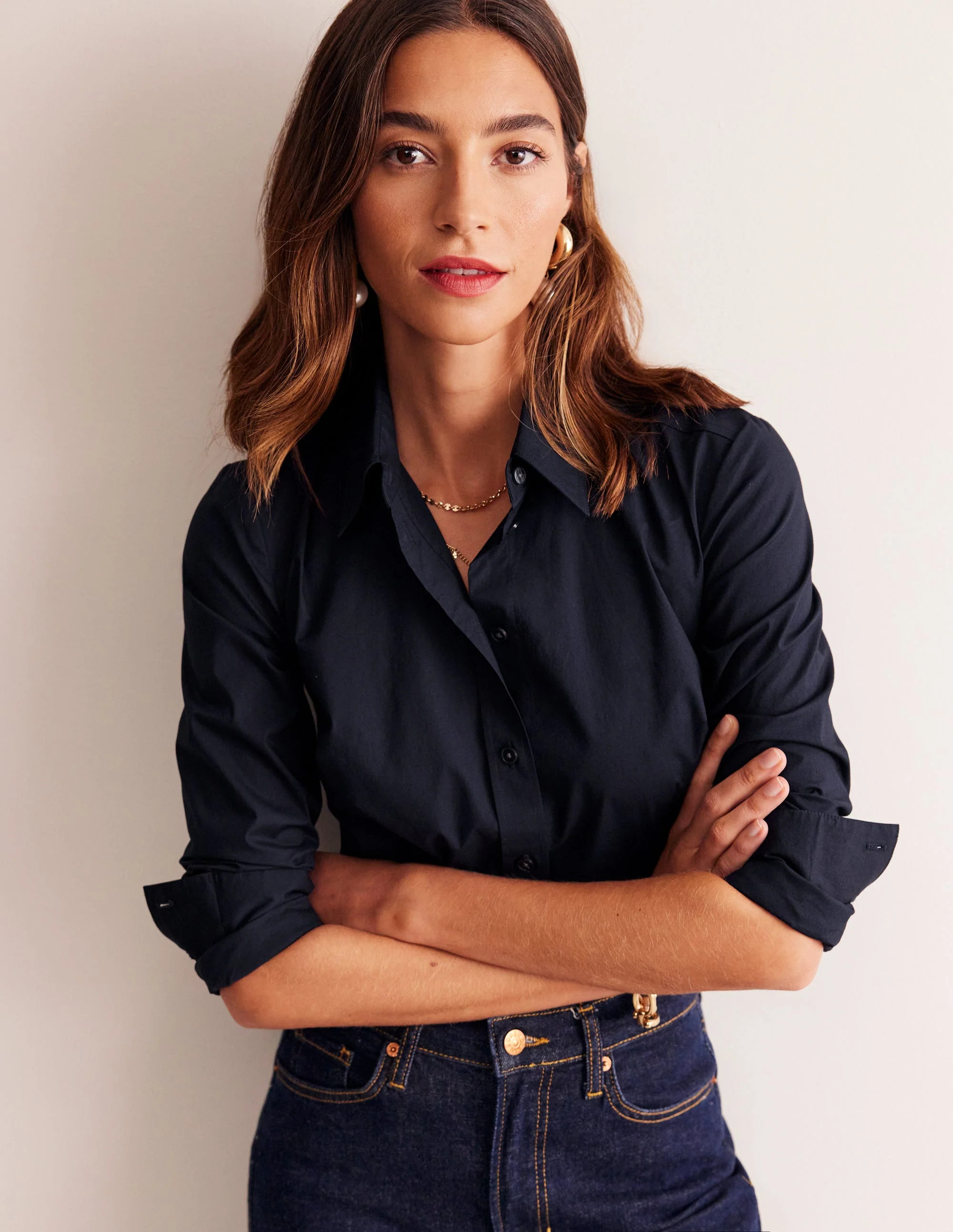 Saskia Stretch Cotton Shirt-Navy | Boden (US)