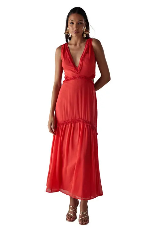 Warehouse Chiffon Fringe Trim Cut Out Maxi Dress in Red at Nordstrom, Size 12 | Nordstrom
