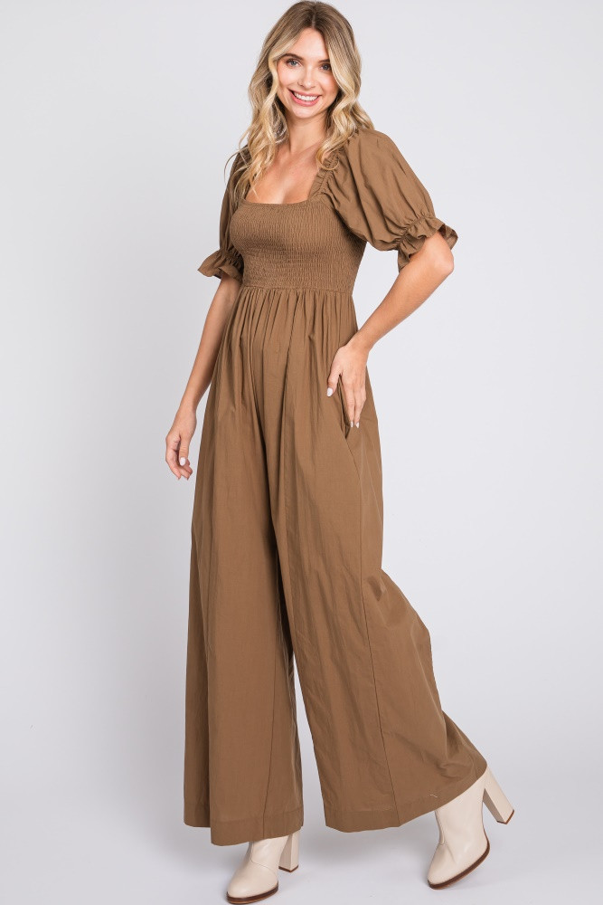Brown Smocked Square Neck Wide Leg Jumpsuit | PinkBlush Maternity