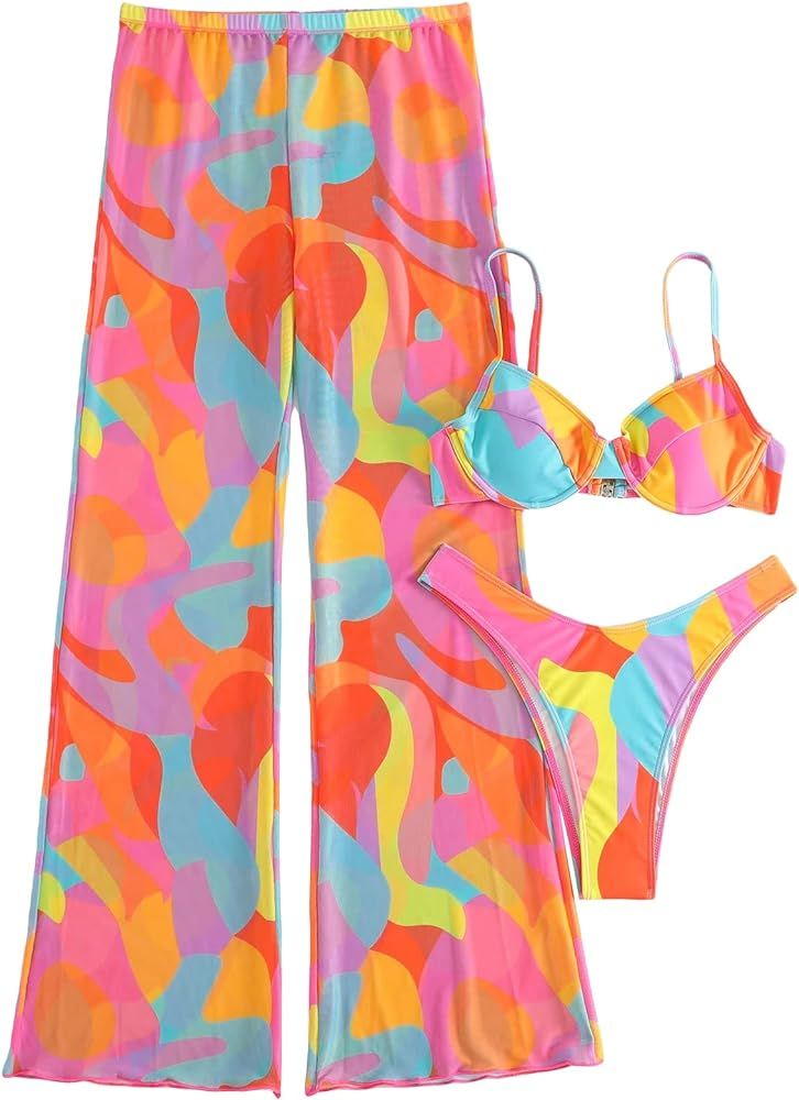 SHENHE Women's 3 Piece Push Up Color Block High Cut Bikini Swimsuit with Beach Pants | Amazon (US)