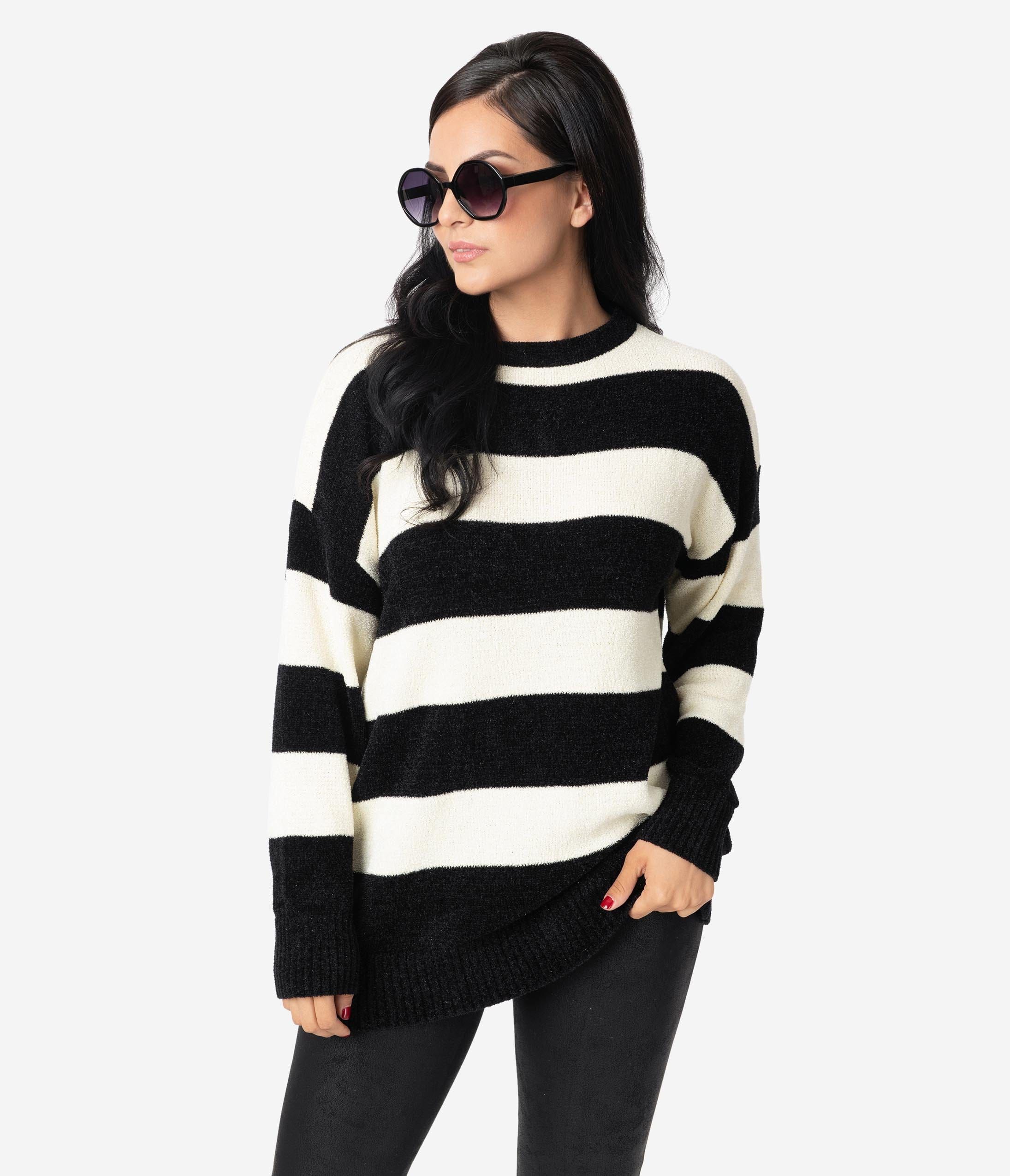 Black & Cream Stripe Fuzzy Knit Long Sleeve Sweater Top | UniqueVintage
