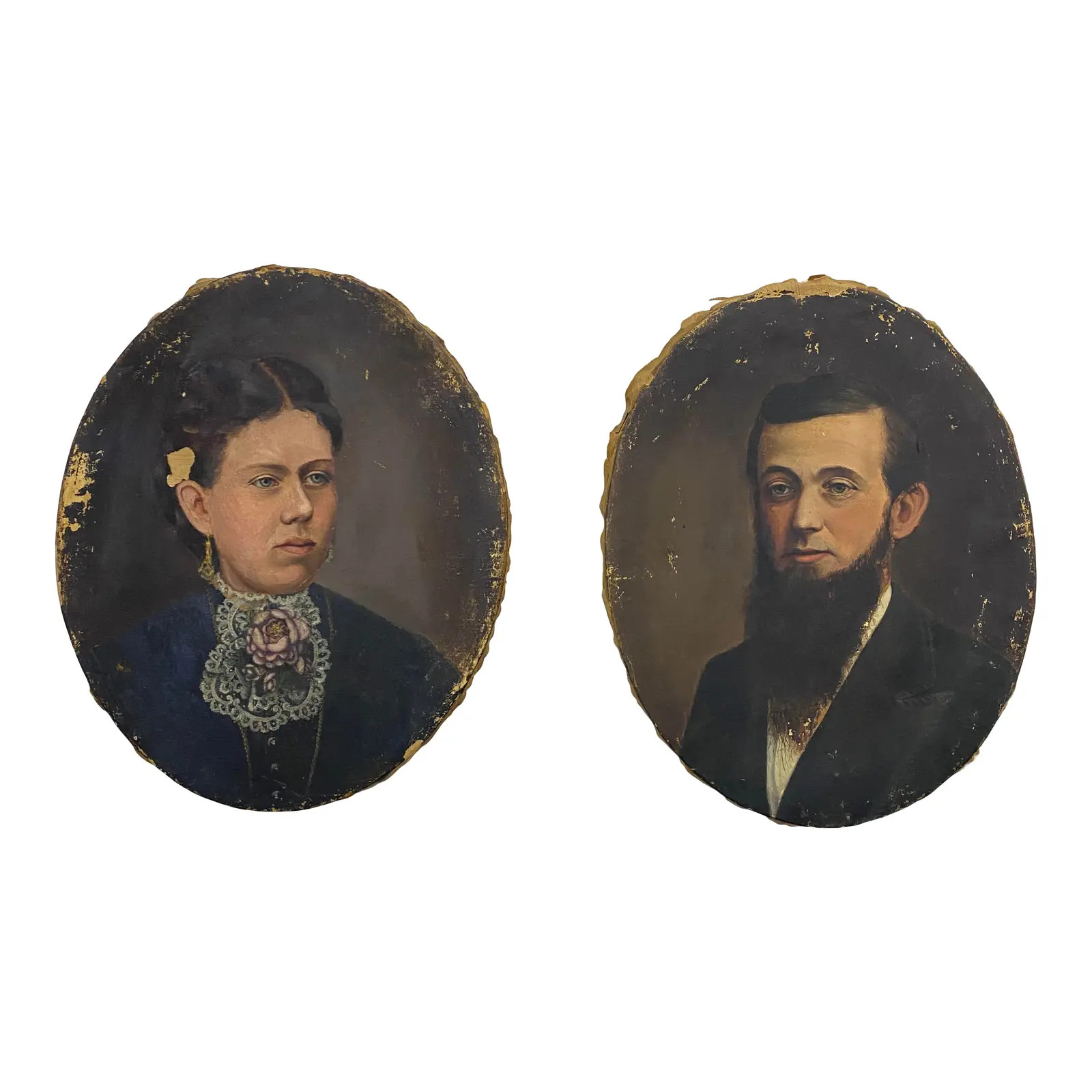 Late 19th Century Oval Oil Portraits of Man and Woman - a Pair | Chairish