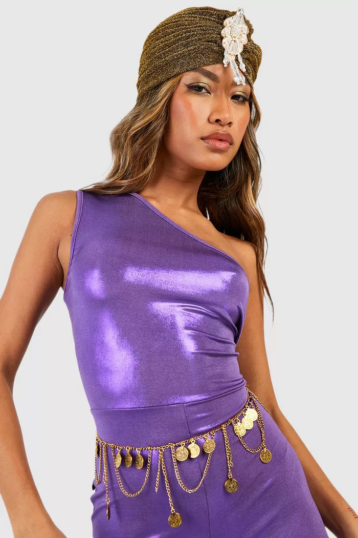 One Shoulder Metallic Flared Leg Jumpsuit | boohoo (US & Canada)