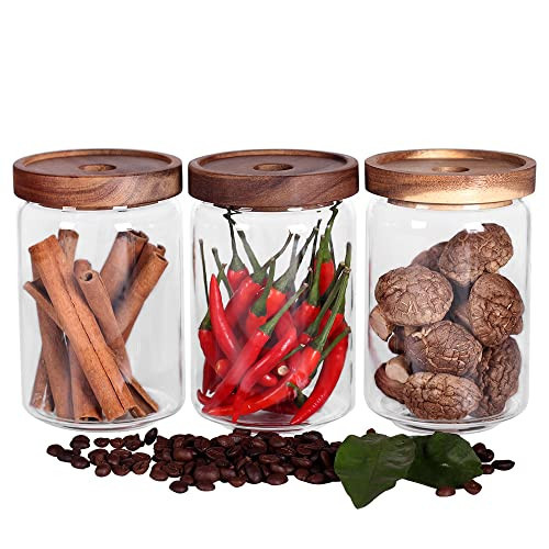 SAIOOL Glass Jars, Food Storage Containers with Airtight Acacia Lids, 20FL OZ(600ml) Glass Canisters Set-3, Clear Containers Suit for Storing Tea, Coffee, Flour, Candy, Cookie, Rice, Sugar, Pasta | Amazon (US)