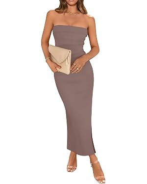 WIHOLL Womens Summer Dresses 2024 Bodycon Maxi Tube Dress Strapless Side Slit Vacation Outfits | Amazon (US)