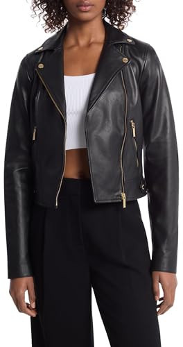 Michael Kors Women's Leather Moto Jacket, Black, M | Amazon (US)