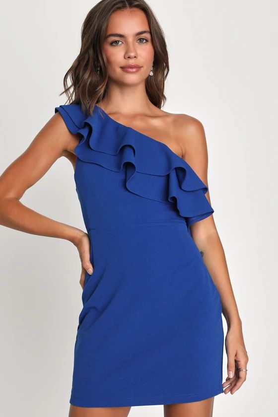 Enticing Behavior Cobalt Blue Ruffled One-Shoulder Mini Dress | Lulus (US)