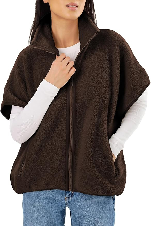 Women's Sherpa Fleece Vest with Batwing Sleeves Leather Trim Stand Collar Zip Up Lightweight Jack... | Amazon (US)