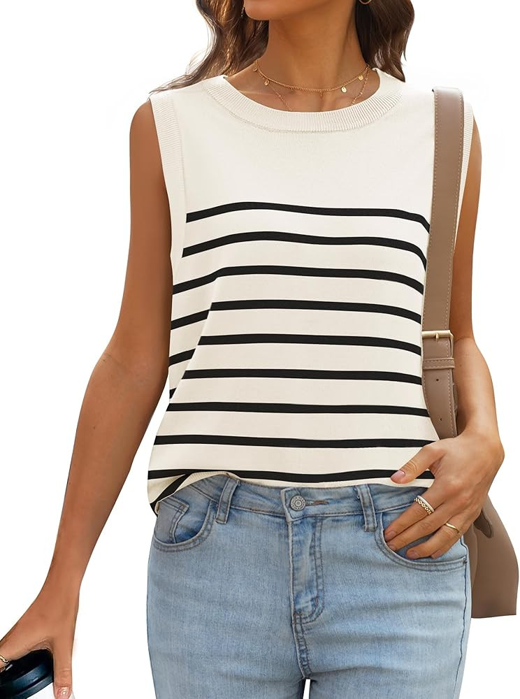 MIROL Women's Sleeveless Striped Tank Tops 2024 Summer Crewneck T-Shirts Basic Knit Casual Loose ... | Amazon (US)