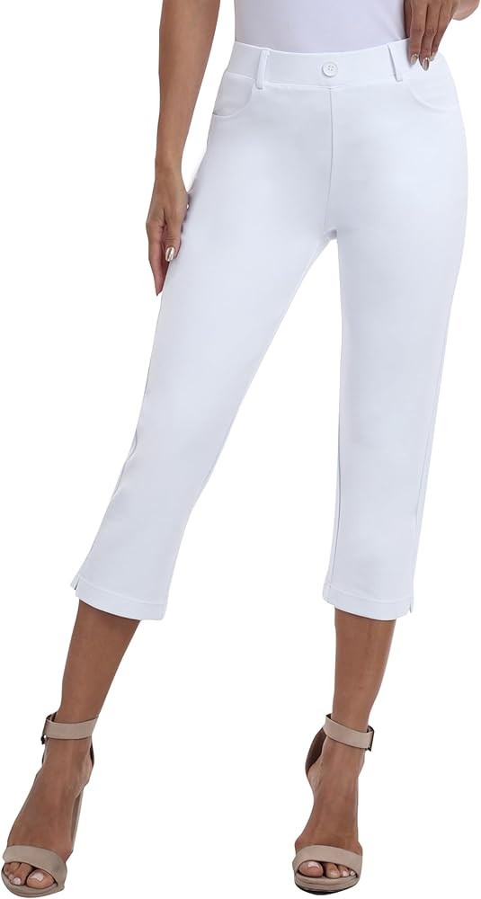 MoFiz Women's Capri Pants Summer Business Casual Pull-On Dressy Golf Cropped Pants with Pockets | Amazon (US)