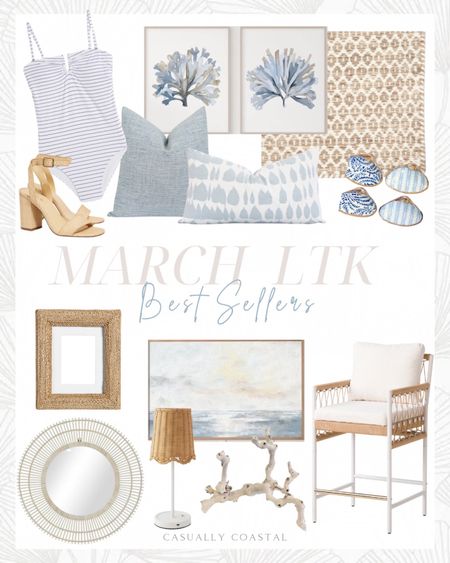 March LTK Best Sellers 
-
Coastal home decor, coastal decor, home finds, coastal home, best sellers, neutral home decor, coastal pillow covers, spring pillows, blue pillow covers, Etsy pillows, coastal pillow, tweed textured pillow, rope counter stool, affordable counter stools, stools under $150, stools under $200, TJ Maxx counter stools, salt creek look for less, Serena and Lily look for less, designer look for less, flatweave rug, Wayfair rugs, wool rugs, beige area rug, coastal rug, neutral rugs, beach house rugs, bedroom rugs, living room rugs, 10x13 rugs, 9x12 rugs, 8 x10 rugs, Serena & lily inspired decoupage shell trinket dish, trinket dish, framed ocean art, coral artwork, beach artwork coastal artwork, baby blue pillow cover, sandblasted grapevine, rope woven frame, seagrass frame, coastal frame, light blue seaweed artwork, watercolor minimalist art, coastal wall decor, strapless one piece, striped one piece swimsuit, white swimsuits, women’s swimsuit, cream starburst wall mirror, Walmart mirrors, round mirrors, woven mirrors, affordable mirrors, woven heeled sandals, sandals, wicker table lamp, LED lamp, outdoor lamp, lamp with woven shade 

#LTKhome #LTKfindsunder100 #LTKstyletip