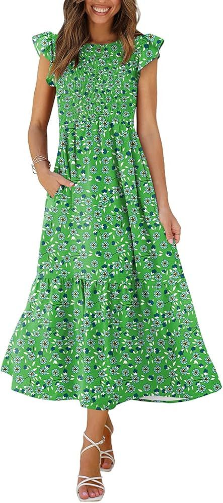 OFEEFAN Women's Casual Maxi Dresses with Pockets Ruffle Sleeve Smocked Dress XS-2XL | Amazon (US)
