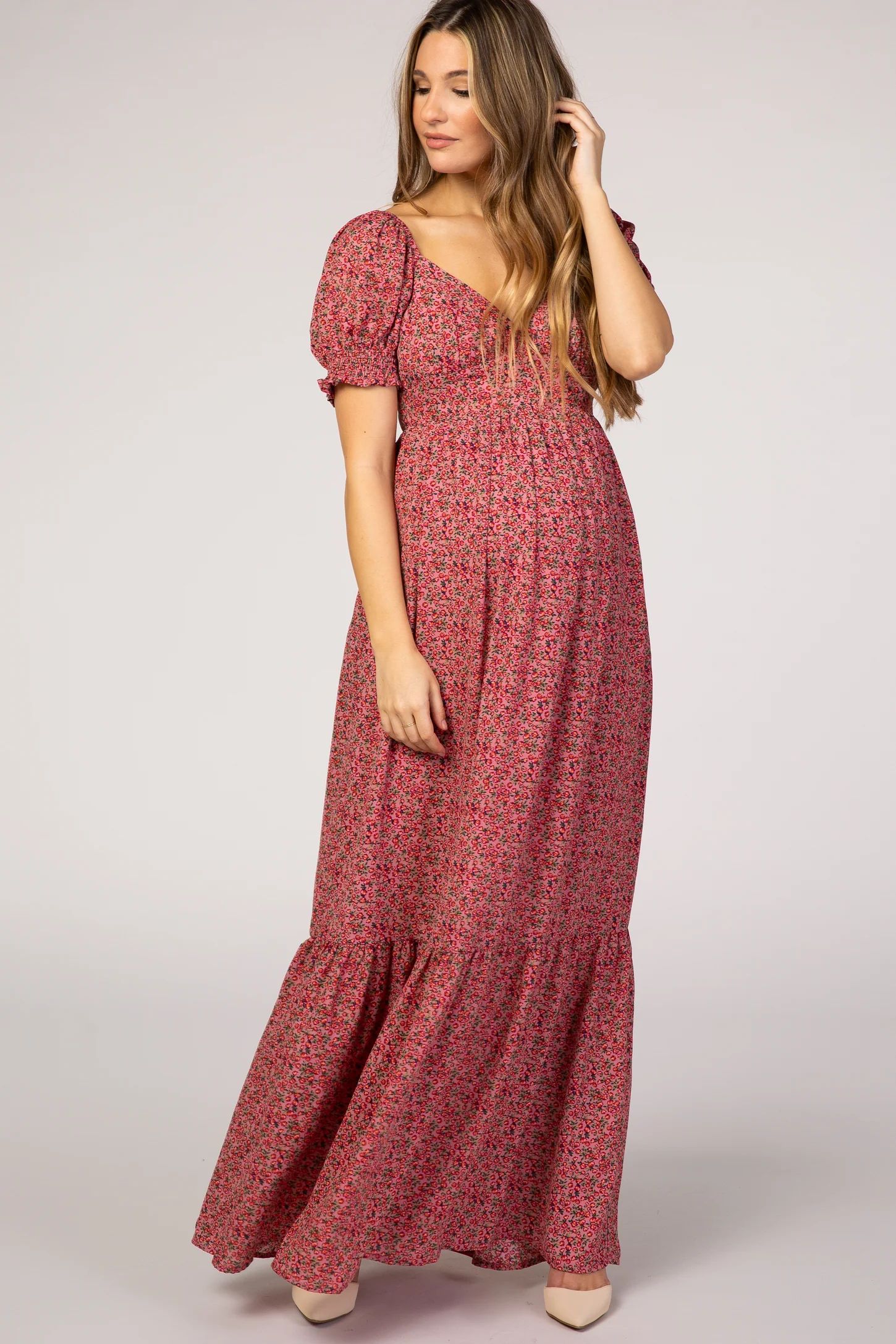 Pink Floral Puff Sleeve Maternity Maxi Dress | PinkBlush Maternity