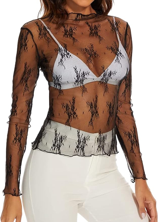 MISSACTIVER Women's Sexy Floral Lace Embroidery Sheer Mesh Tees Top Mock Neck Lettuce Trim Long S... | Amazon (US)