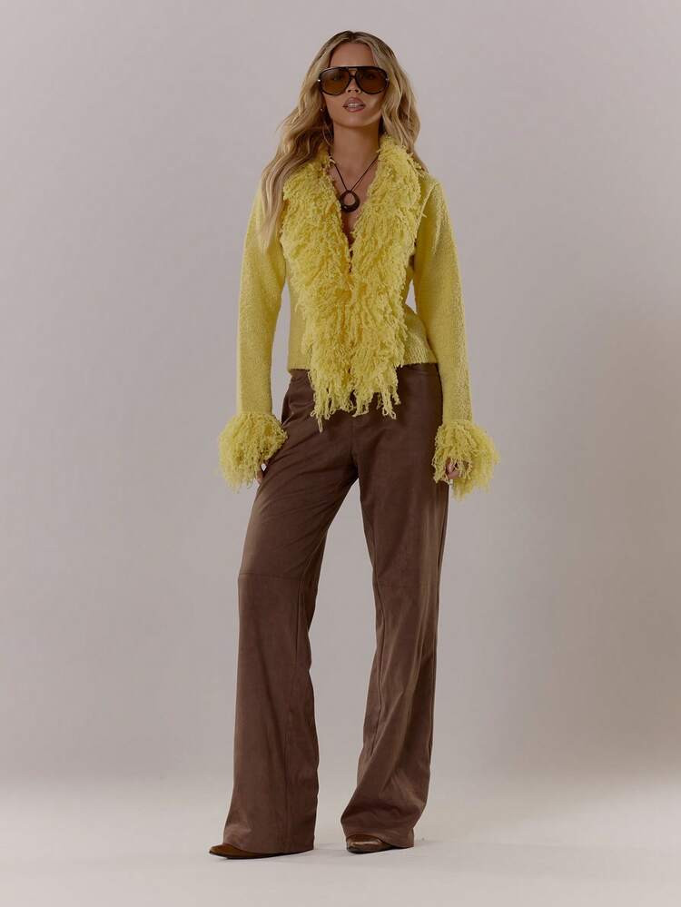 MUSERA Knit Shaggy Trim Fitted Cardigan Fall Autumn Cosy Fluffy Cute Casual Coffee Club Winter Christmas Thanksgiving Chic | SHEIN