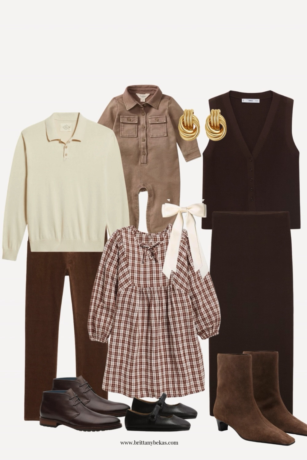 Neutral fall family picture outfits for fall photos including brown sweater set.