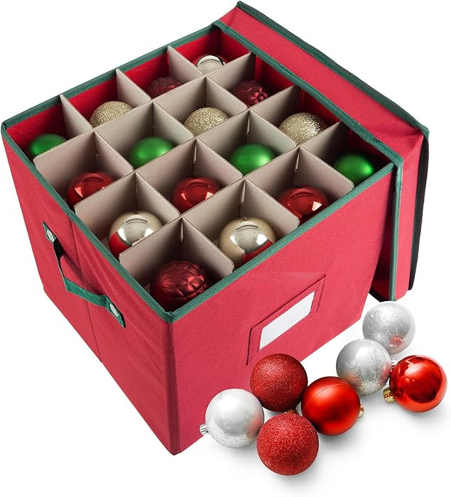 Christmas Decor Storage Box - Red Oxford Canvas Ornament Cube Chest With 64 Compartment Dividers,... | Amazon (US)
