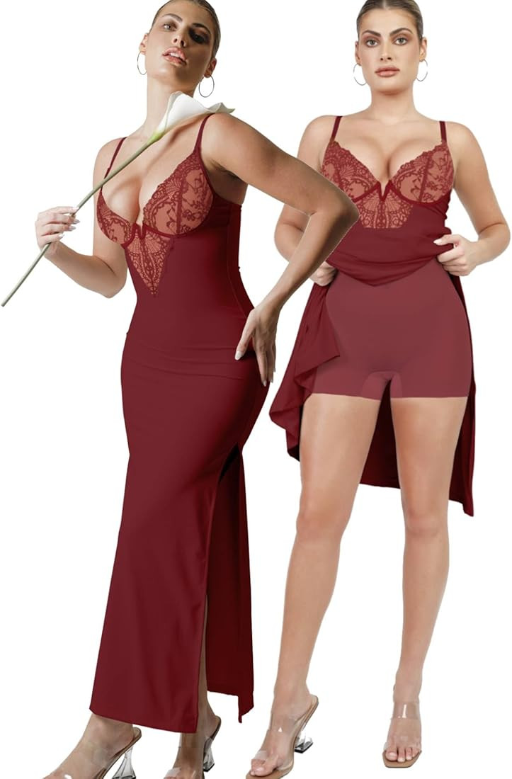 Popilush Lace Shaper Dress Built in Shapewear Deep-V Neck Satin Drape Slip Split Maxi Dress Bodyc... | Amazon (US)