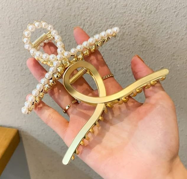 2 Pack Matte Gold and Pearl Hair Claws for Women: Large Metal Clips with Pearls for Thick Hair - ... | Amazon (US)