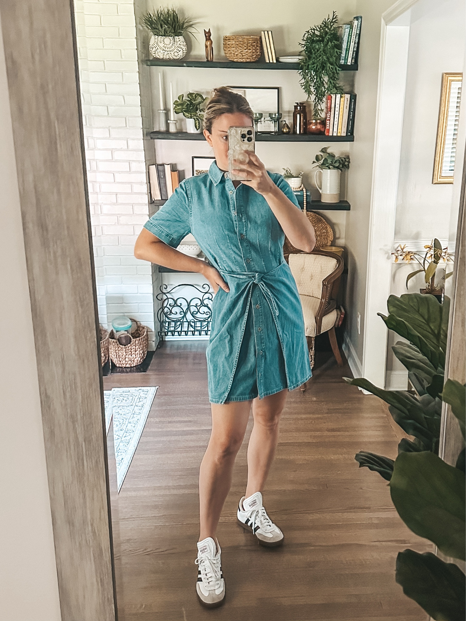 Love this denim dress! It’s on sale and perfect for summer with sneakers or boots for fall! #madewell #adidas #samba 

#LTKShoeCrush #LTKSaleAlert