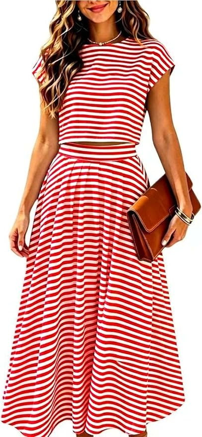 Zontroldy Women's Summer 2 Piece Outfits Striped Skirt Sets Cap Sleeve Crop Top Midi Dress Matchi... | Amazon (US)