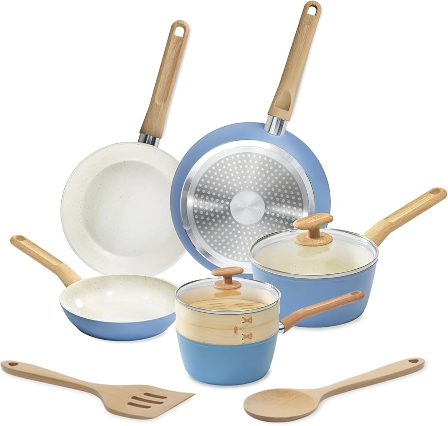 GoodCook 10-Piece Healthy Ceramic Titanium-Infused Cookware Set, Light Blue – Pots, Pans, Steam... | Amazon (US)