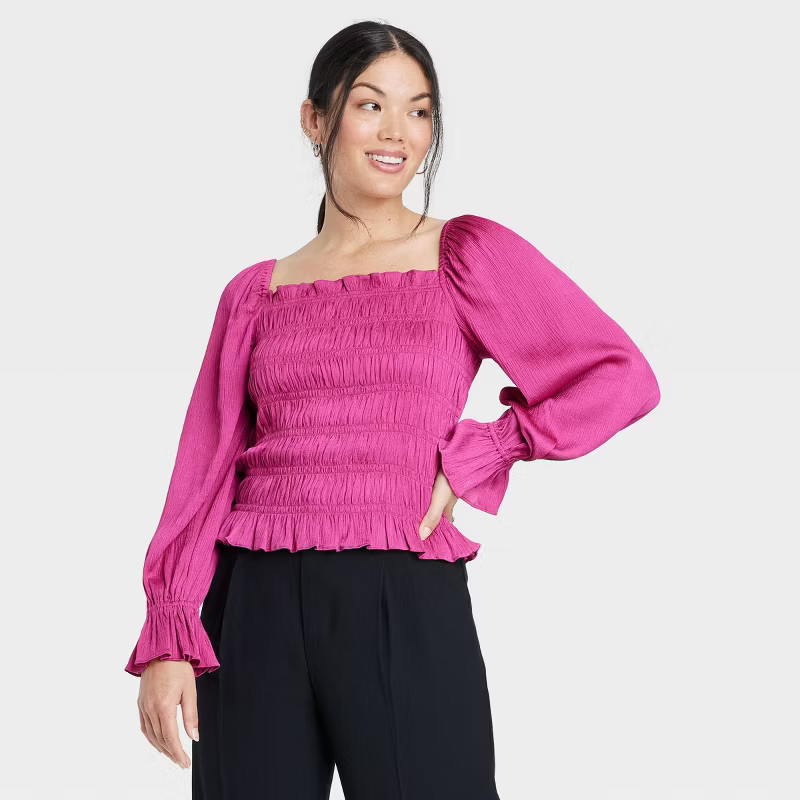 Women's Puff Long Sleeve Slim Fit Smocked Top - A New Day™ | Target