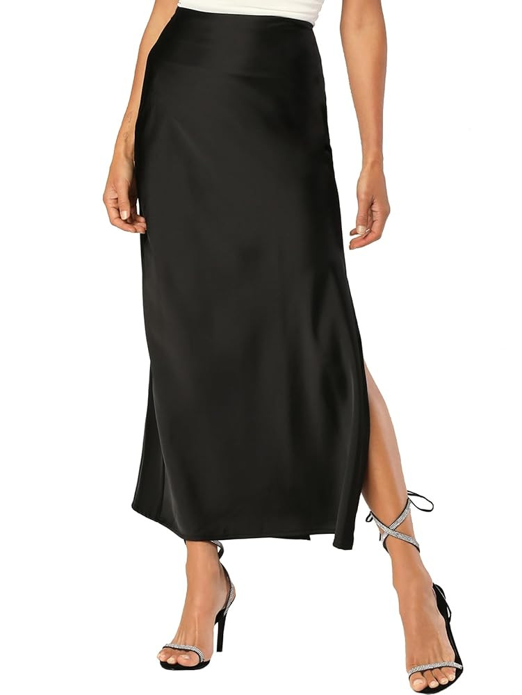 Womens Satin Silk Maxi Slit Skirt Elastic Waistband Maxi Long Satin Slit Skirts for Women | Amazon (US)