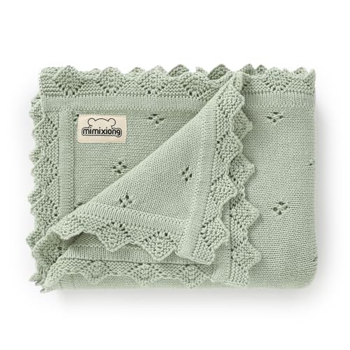 mimixiong Cotton Baby Blanket Knitted Crochet Receiving Crib Nursery Swaddling Blankets for Newborn Baby Boy Girl Sage Green 30x40 Inch | Amazon (US)