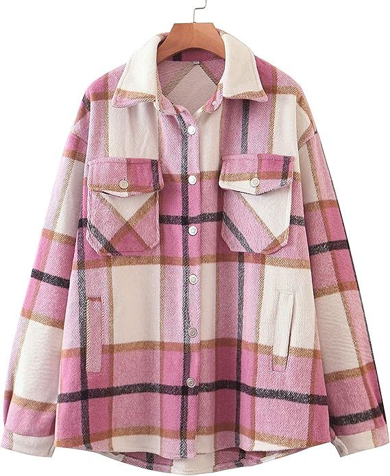 Tanming Womens Brushed Flannel Plaid Lapel Button Short Pocketed Shacket Shirts Coats | Amazon (US)