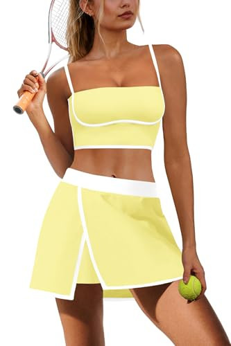 Nirovien Womens Workout Sets 2 Piece Tennis Skort Sets Golf Athletic Outfits Sports Bra and Skirt Gym Yoga Clothes(Light Yellow,M) | Amazon (US)