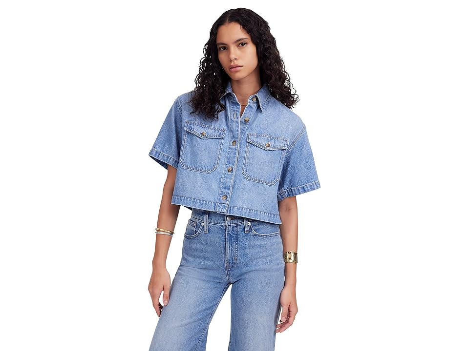 Madewell Boxy Cropped Short Sleeve Shirt In Altoona Women's Clothing Hallstead Wash : MD (Women's 6-8), Cotton/Denim/Lyocell | Zappos