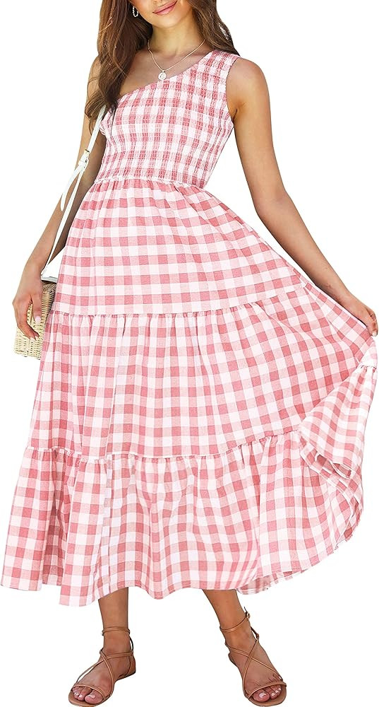 ANRABESS Women's Boho Summer Printed One Shoulder Sleeveless Smocked Flowy Tiered Beach Party Max... | Amazon (US)