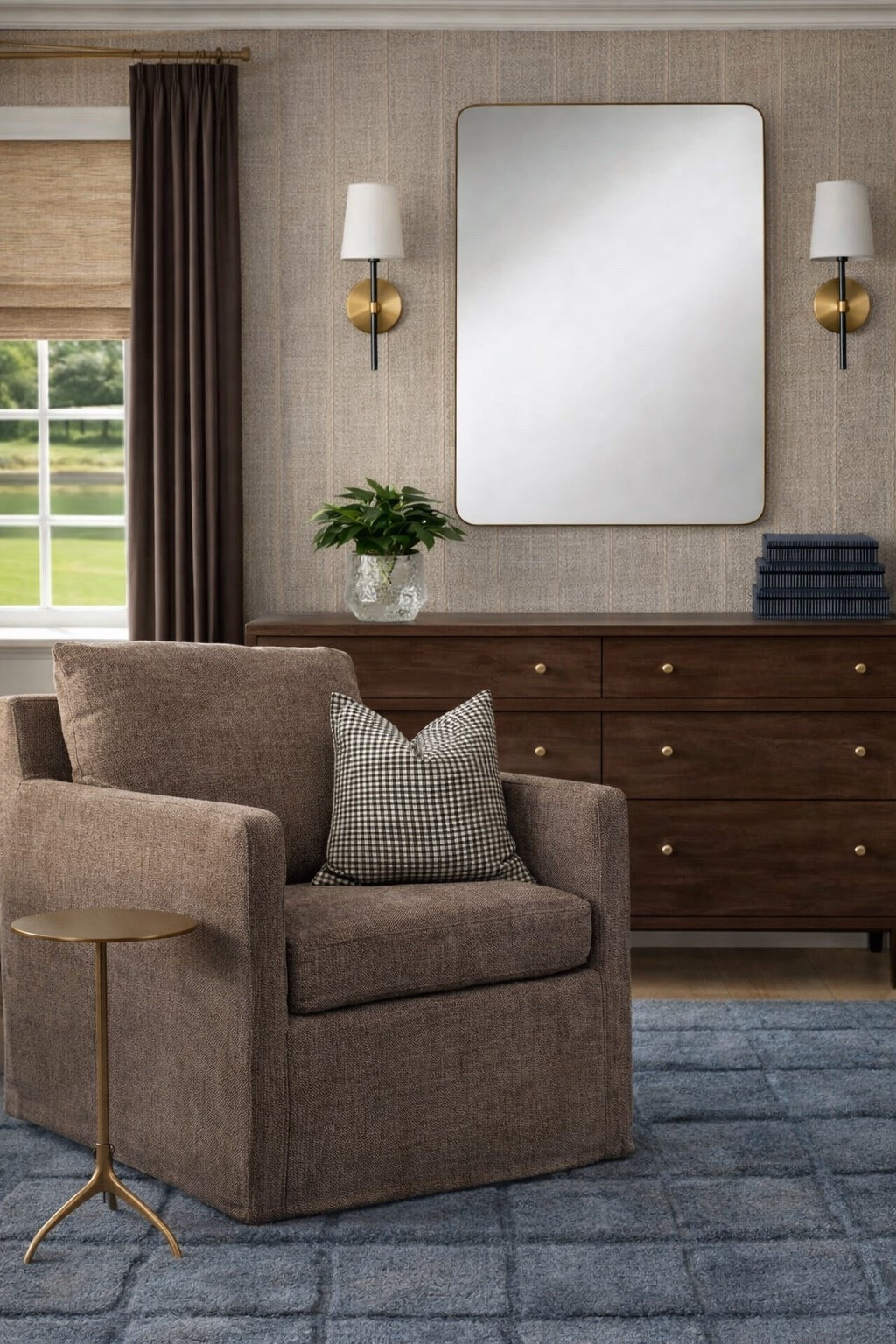 A classic room with brown and navy 

#homedecor #bedroom #chair 

#LTKHome #LTKSaleAlert