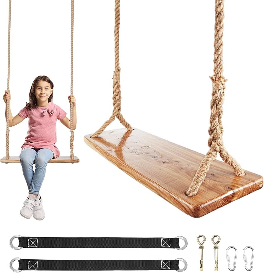 Wooden Tree Swing,Wooden Swing for Adults/Kids 500lb with Load Capacity,Adjustable Hemp Rope Plus... | Amazon (US)