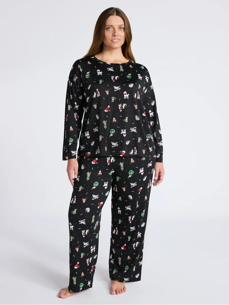 Joyspun Women's Dreamy Soft Collection Long Sleeve Sleep Top and Straight Leg Pants Pajama Set, 2... | Walmart (US)