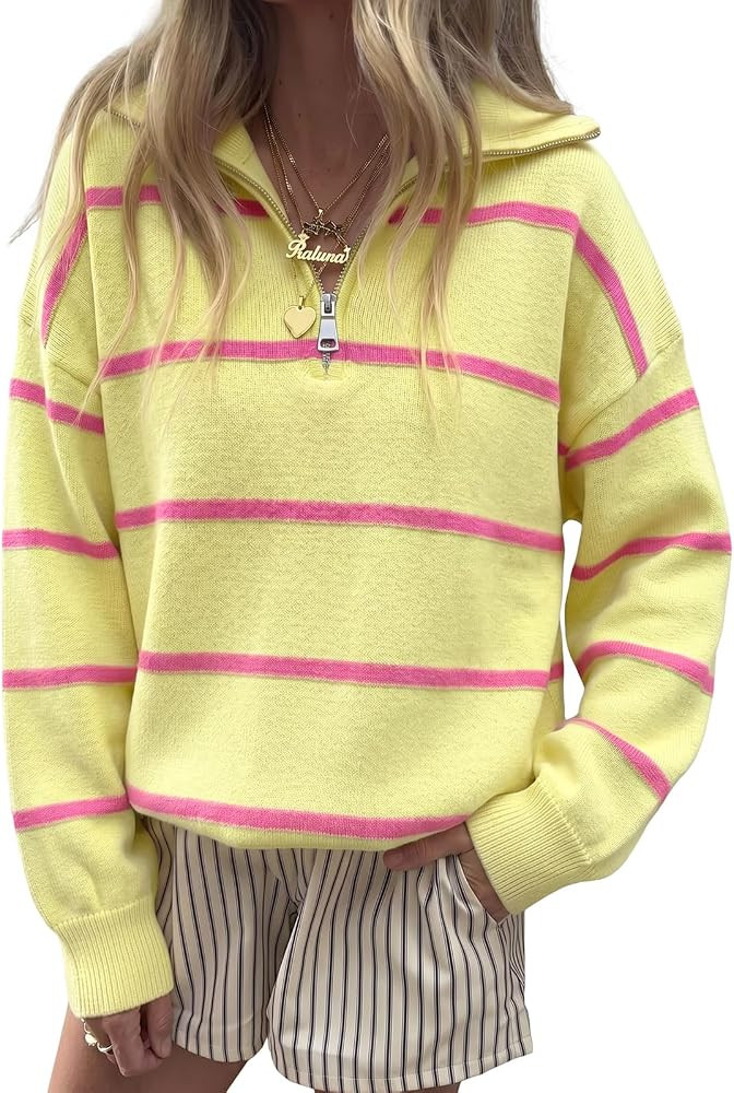 Fisoew Womens Quarter Zip Striped Sweater Oversized Turtleneck Pullover Top | Amazon (US)