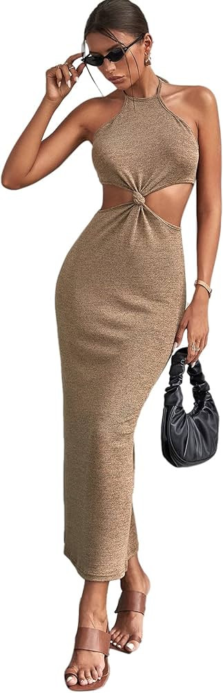 SOLY HUX Women Summer Cut Out Crochet Dresses Knot Front Tie Stap Sleeveless Halter Backless Maxi... | Amazon (US)