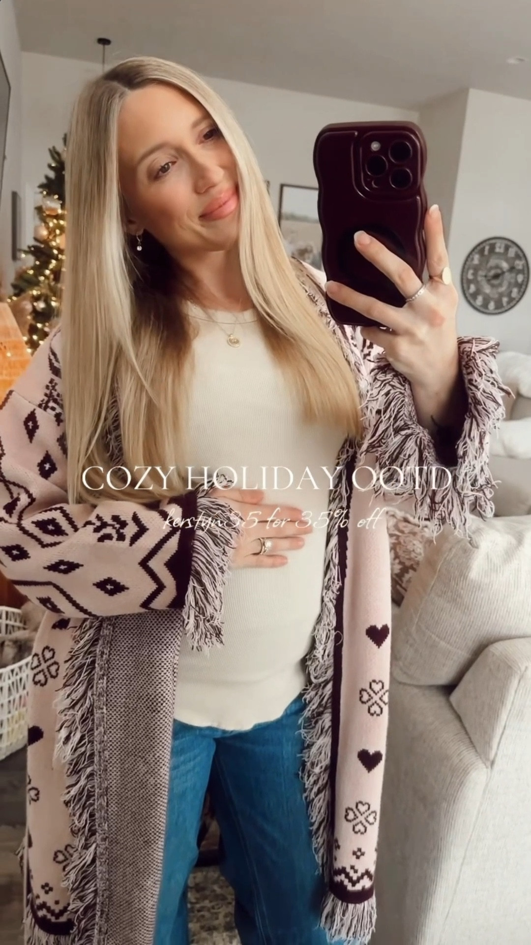 Cozy and comfy holiday look bc ya girl is pregnant and it’s snowing in mo is like 10° ❄️🤣 

loving my barrel leg maternity jeans from pink blush + this cozy paisley cardigan from @vici kerstyn35 for 35% off girlies! 


#LTKootd #LTKBump #LTKHoliday