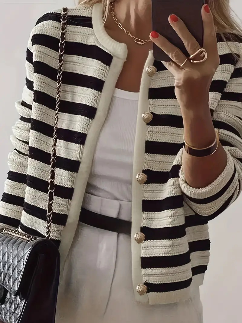Stripe Pattern Button Front Cardigan, Casual Crew Neck Long Sleeve Cardigan For Fall & Winter, Wo... | Temu Affiliate Program