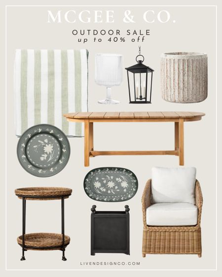 McGee and Co outdoor sale. Patio furniture. Outdoor coffee table. Lounge patio chair. Outdoor sofa. Outdoor throw. Outdoor striped pillow. Planter. Fiberstone. Outdoor decor. Spring decor. Outdoor woven rug. Patio side table. Outdoor dining.  Melamine dinnerware. Outdoor tablecloth. Outdoor dining table. Wicker Outdoor dining chair. Outdoor hanging lantern. Planter box. Outdoor bar cart. 

#LTKSeasonal #LTKhome #LTKsalealert