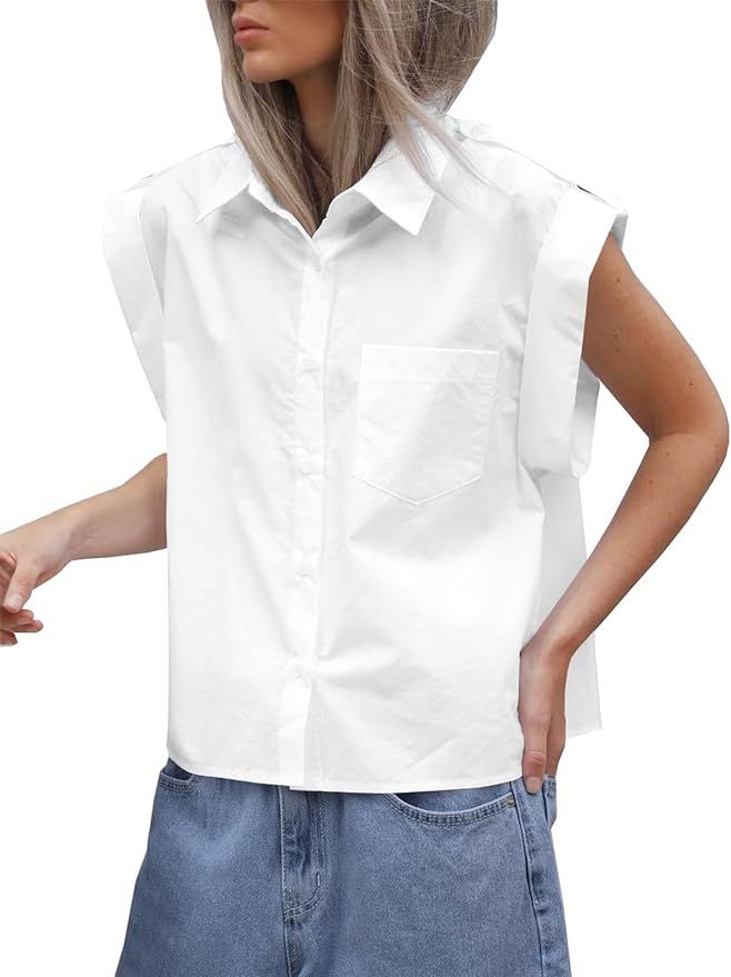 Tankaneo Womens Button Down Shirts Short Sleeve Roll Up Loose Fit Blouse Tops | Amazon (US)