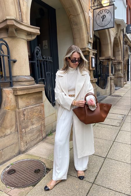 Coat, two tone ballet flats, leather tote bag, sunglasses, leather belt, roll neck, white wide leg trousers - Use Code: '20Katie' for 20% off

#LTKstyletip #LTKSeasonal #LTKeurope