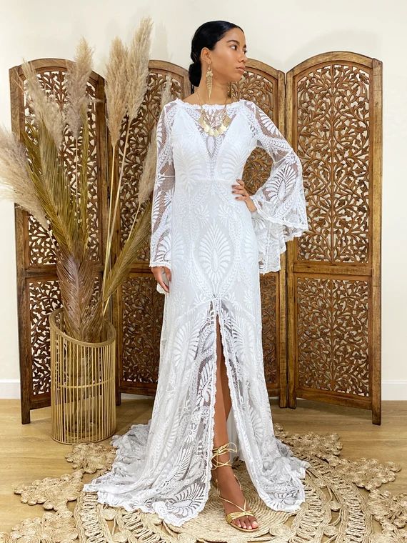 wedding dresses, lace wedding dress, boho kimono dress, boho wedding dress, kaftan wedding dress,... | Etsy (US)