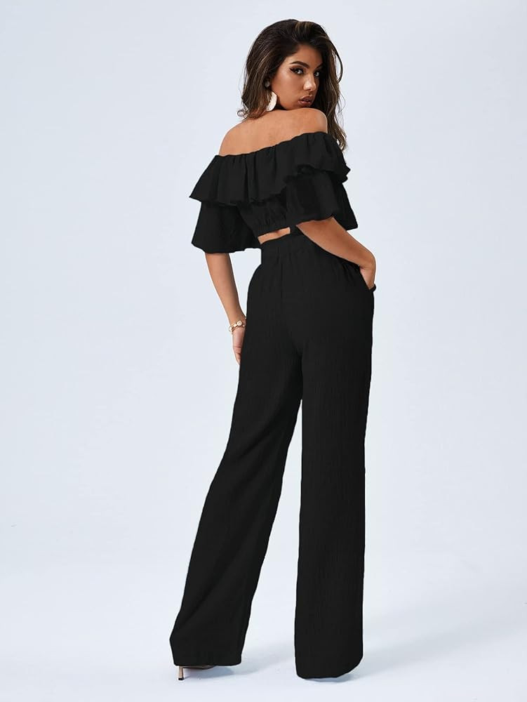 Romwe Women's 2 Piece Outfit Off The Shoulder Crop Top Wide Leg Pants Set | Amazon (US)